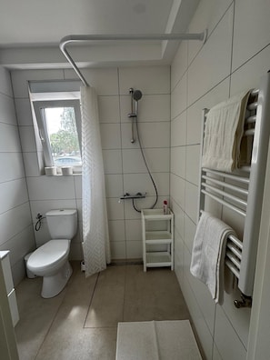 Kylpyhuone, jossa on wc, suihku ja ikkuna.