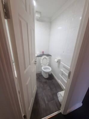Et badeværelse med toilet, håndvask og bruseområde.