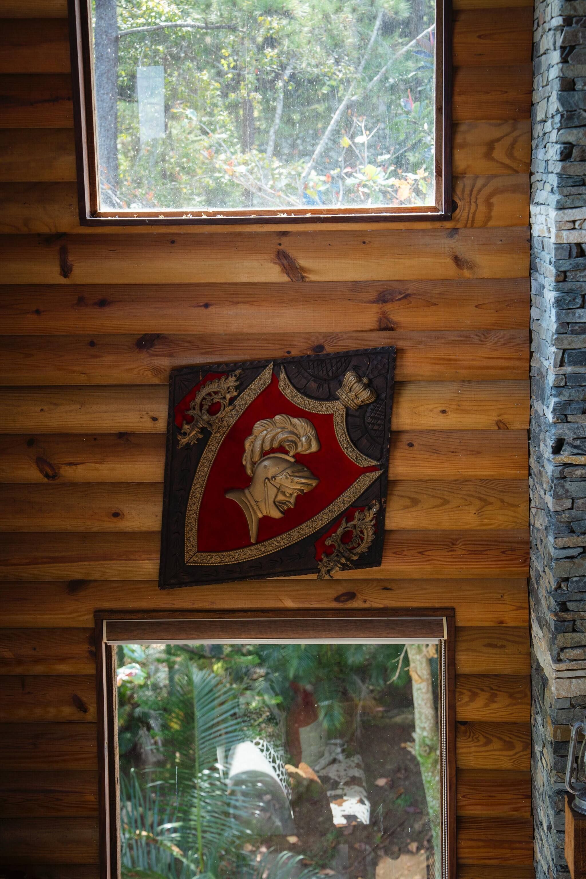 A wooden wall with a framed emblem and a window.