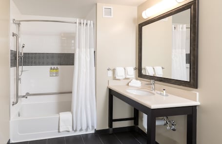 A bathroom with a walk-in shower, a sink with a mirror, and a towel rack.. Accessible Studio Suite w/ Free Hot Breakfast