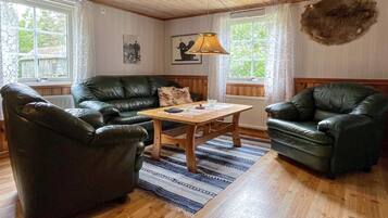A cozy living room with a wooden ceiling, leather sofas, a wooden coffee table, and a rug.