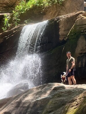 A person standing near a waterfall with a dog, surrounded by natural rock formations.