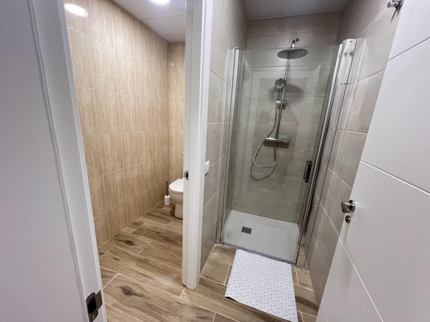 Een moderne badkamer met een douchecabine, een toilet en een klein vloerkleed.