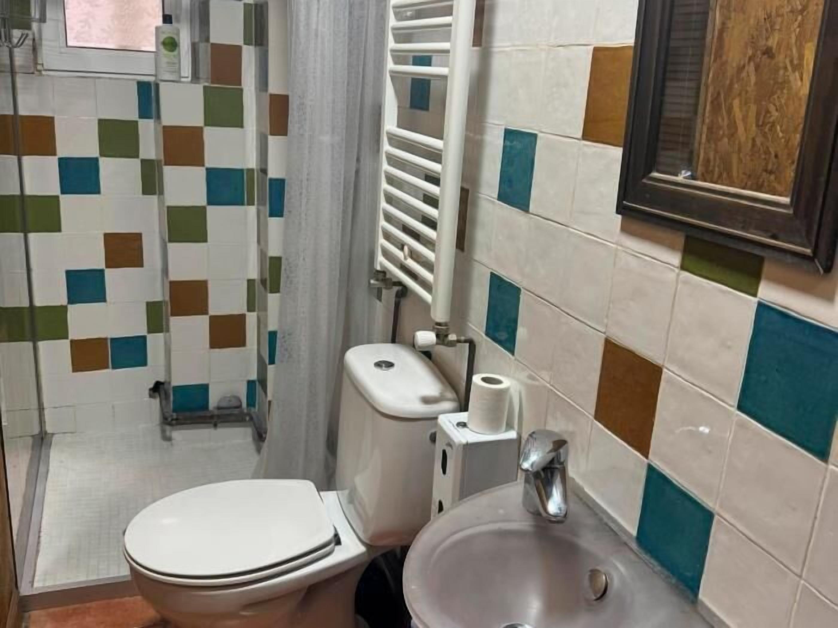 A small bathroom with a toilet, sink, and shower area.