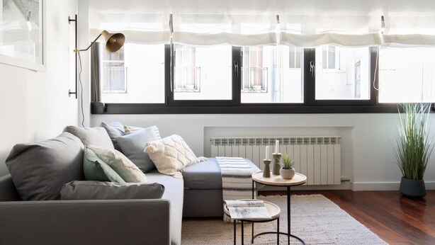 Een moderne woonkamer met een bank, een klein rond tafeltje en een plant in pot.