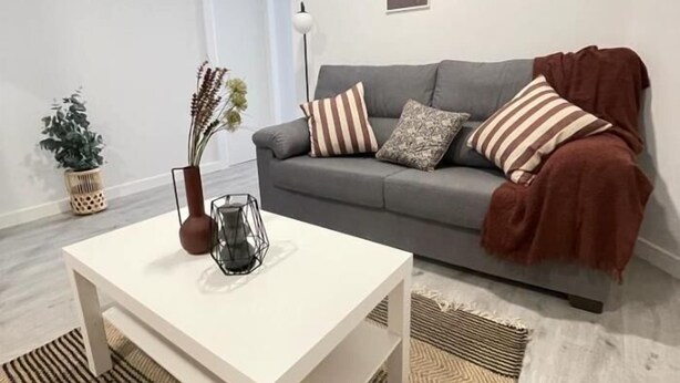 A modern living room with a white coffee table, grey sofa, and decorative pillows. - Apartment La Paz, new, wifi & confort by El Rincon (Logroño)