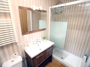 Une salle de bain avec une douche, des toilettes, un lavabo avec un miroir et une plante en pot.