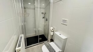 A modern bathroom with a glass shower enclosure, a toilet, and a hand dryer. - APARTAMENTOS LOGROÑO CENTRO (LOGROÑO)