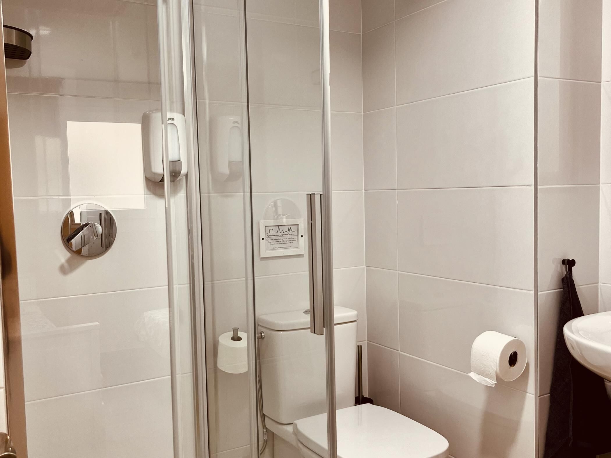 Une salle de bain avec une douche à parois de verre, des toilettes et un lavabo.