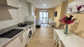 Fridge, microwave, coffee/tea maker, toaster