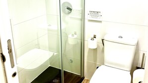 A bathroom with a glass shower enclosure, a toilet, and a bidet. - APARTAMENTOS SAN NICOLAS (LOGROÑO)
