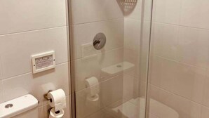 A glass-enclosed shower stall with a handheld showerhead, a toilet paper dispenser, and a wall-mounted flush handle. - APARTAMENTOS SAN NICOLAS (LOGROÑO)