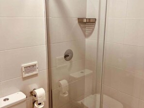 A glass-enclosed shower stall with a handheld showerhead, a toilet paper dispenser, and a wall-mounted flush handle. - APARTAMENTOS SAN NICOLAS (LOGROÑO)