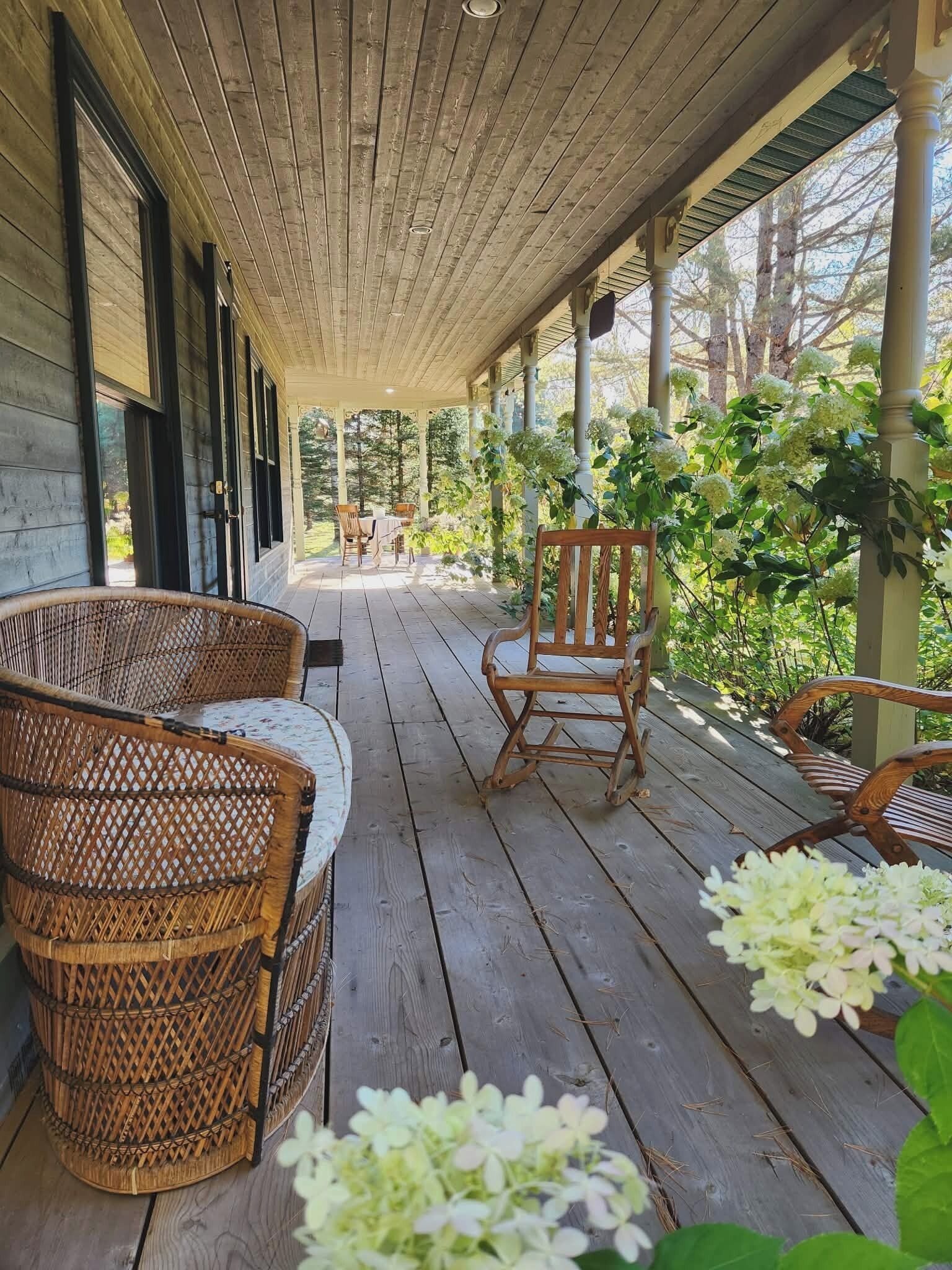 A covered porch with wicker furniture, a table, and greenery.