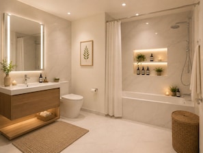 Ein modernes Badezimmer mit Waschtisch, Toilette, Dusche und Ablagefläche für Toilettenartikel.