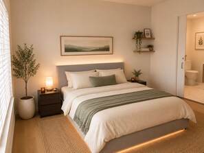 Ein Schlafzimmer mit einem Bett, Nachttischen, einer Ablage, einem Blumentopf, einem gerahmten Bild und einem Regal mit Büchern und einer Pflanze.
