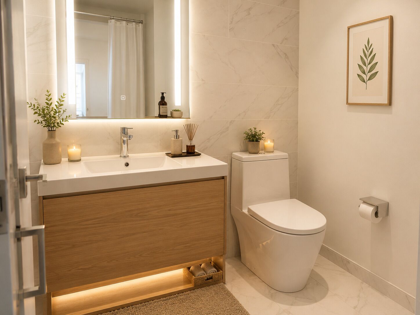 A modern bathroom with a white sink, wooden vanity, a toilet, and a framed plant on the wall.