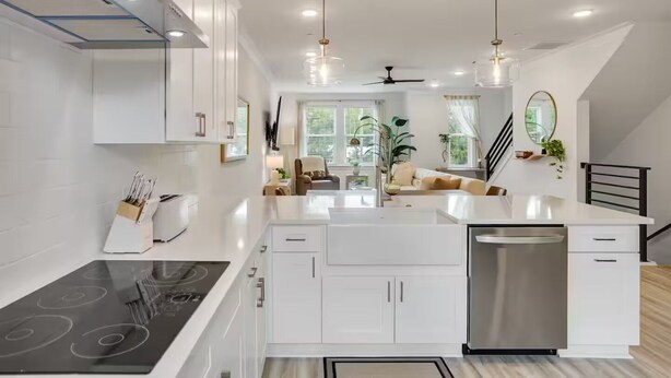 A modern kitchen with white cabinetry, a built-in stove, and a dishwasher. - 30A Escape at 29 Blue Eden Loop (Santa Rosa Beach)
