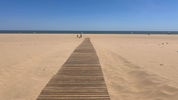 A wooden boardwalk leading to a beach with a clear sky.