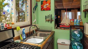 A kitchen with a sink, stove, and various kitchen items.