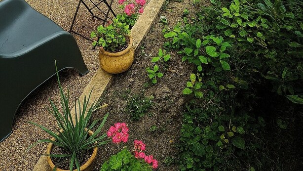 Un patio con zona de estar, una mesa con bebidas, plantas en macetas y un edificio con balcón.