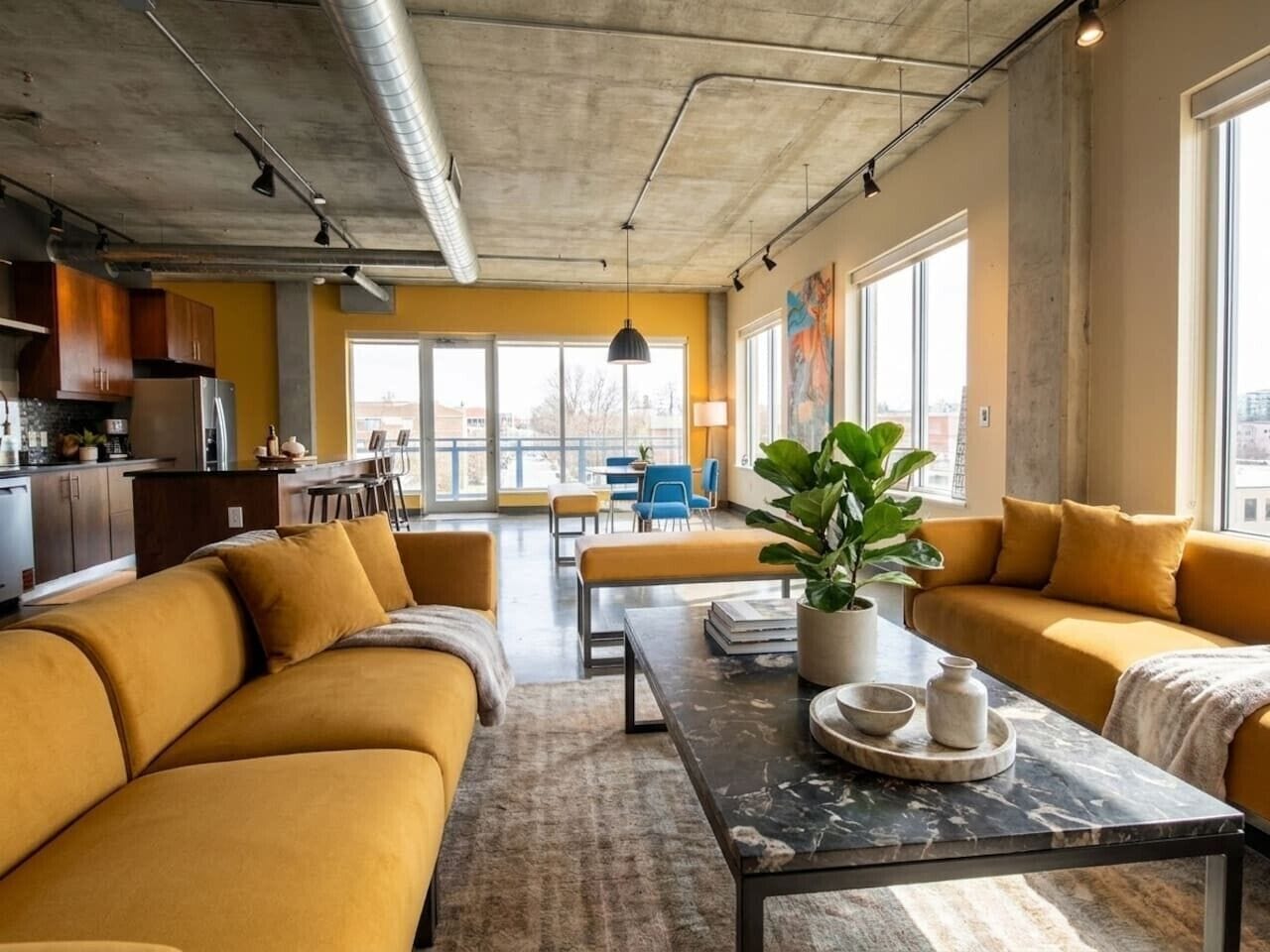 A modern living space with a sofa set, a dining table, and a large window providing natural light.