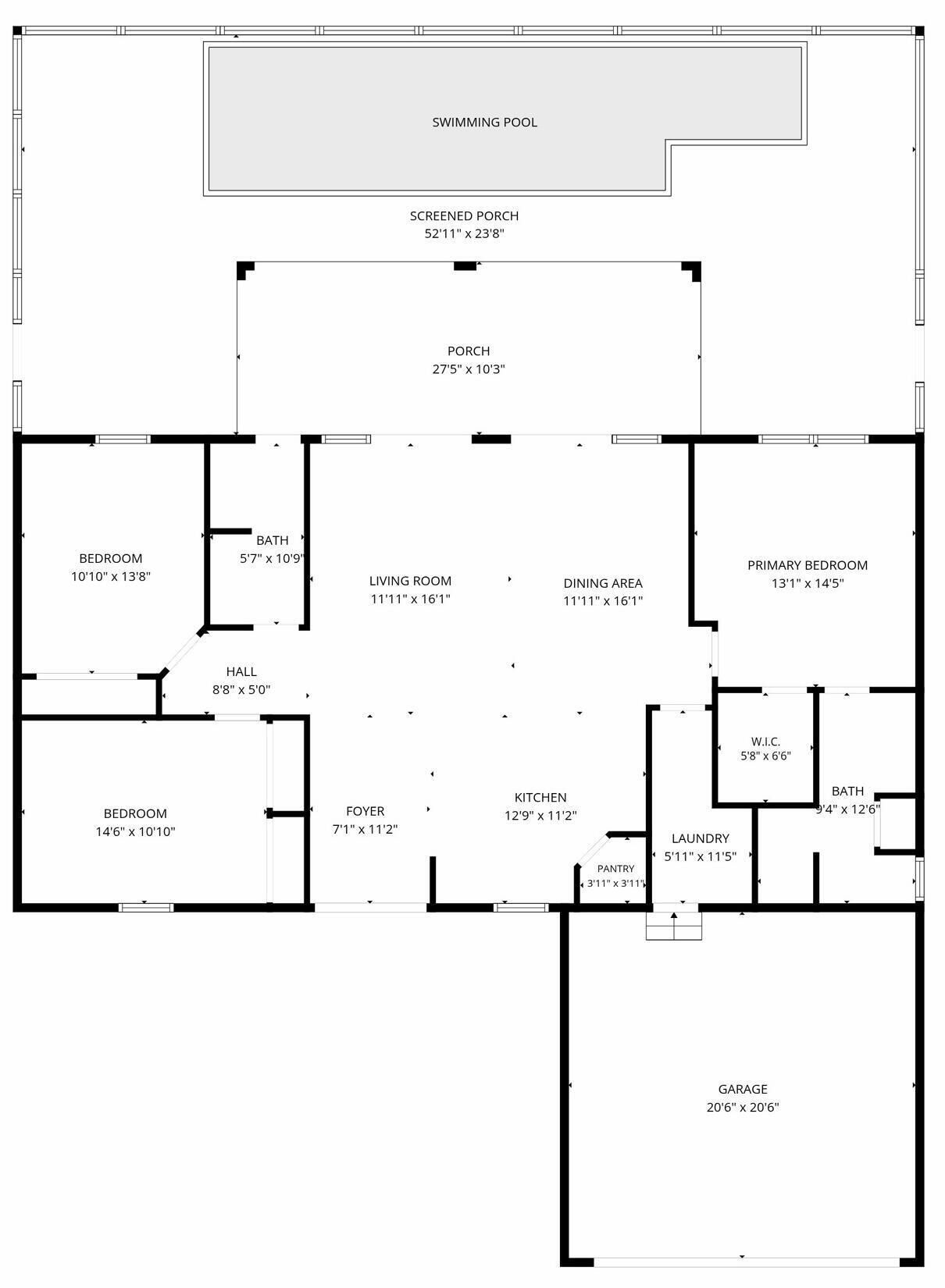 A floor plan with a swimming pool, screened porch, porch, bedrooms, living room, dining area, primary bedroom, hall, foyer, kitchen, laundry, pantry, and garage.