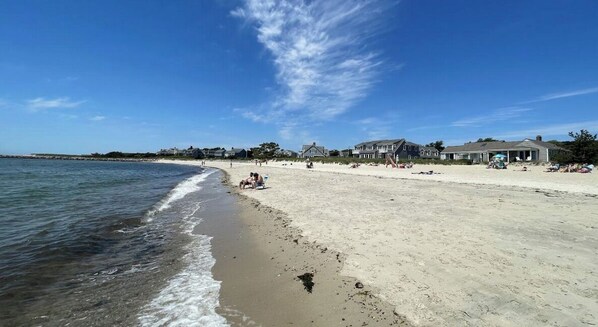 Ein Strand mit Häusern im Hintergrund, einem klaren Himmel und ruhiger See.