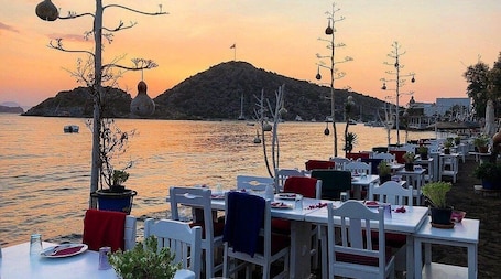 A seaside restaurant with outdoor seating, tables, chairs, and potted plants.. MY MARİN HOTEL