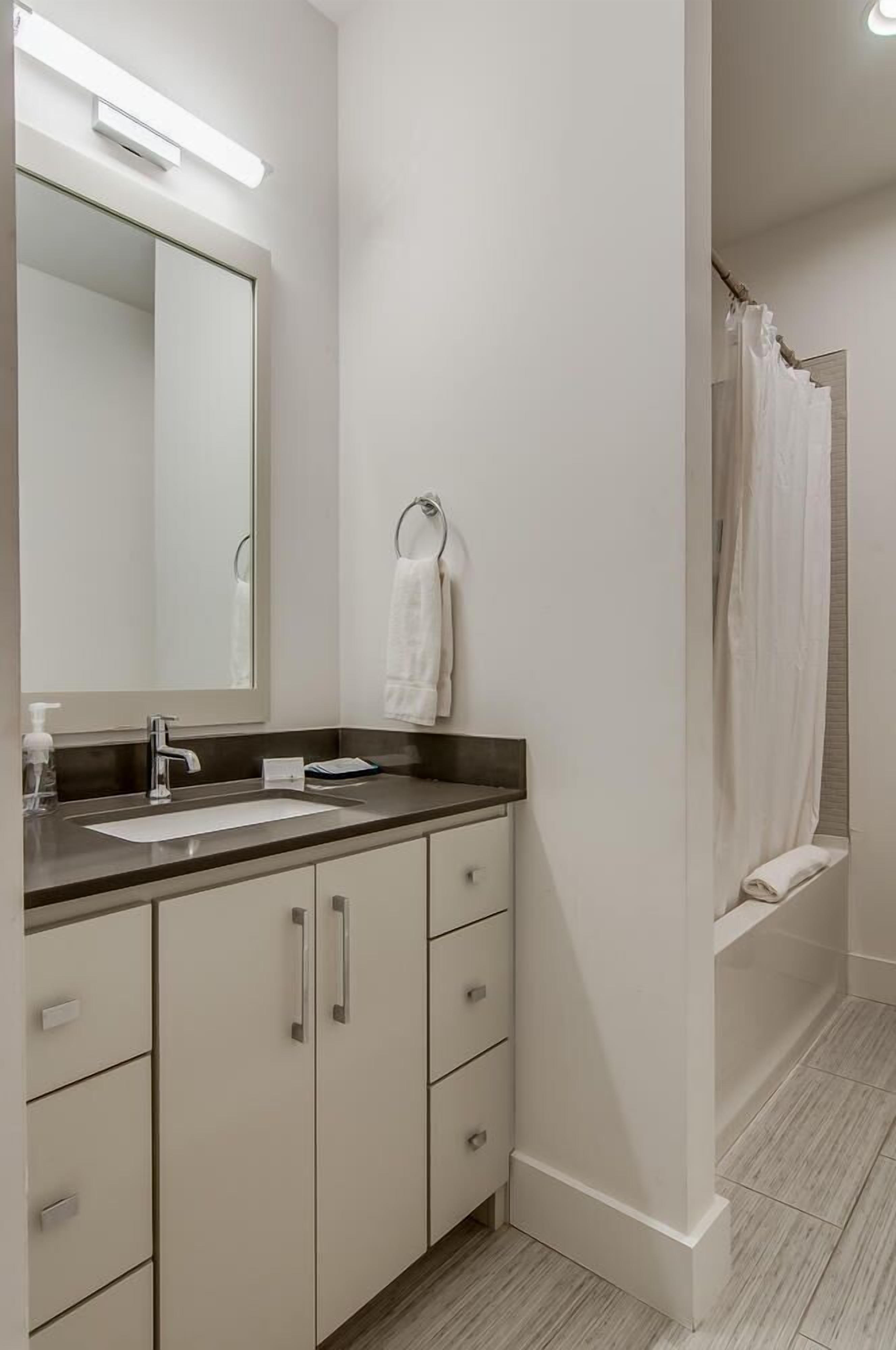 A modern bathroom with a large mirror, a sink, a towel rack, and a shower curtain.