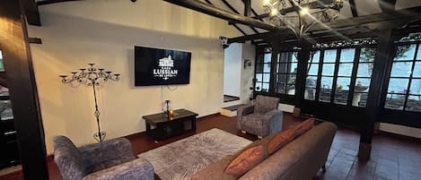 Smart TV, fireplace, books