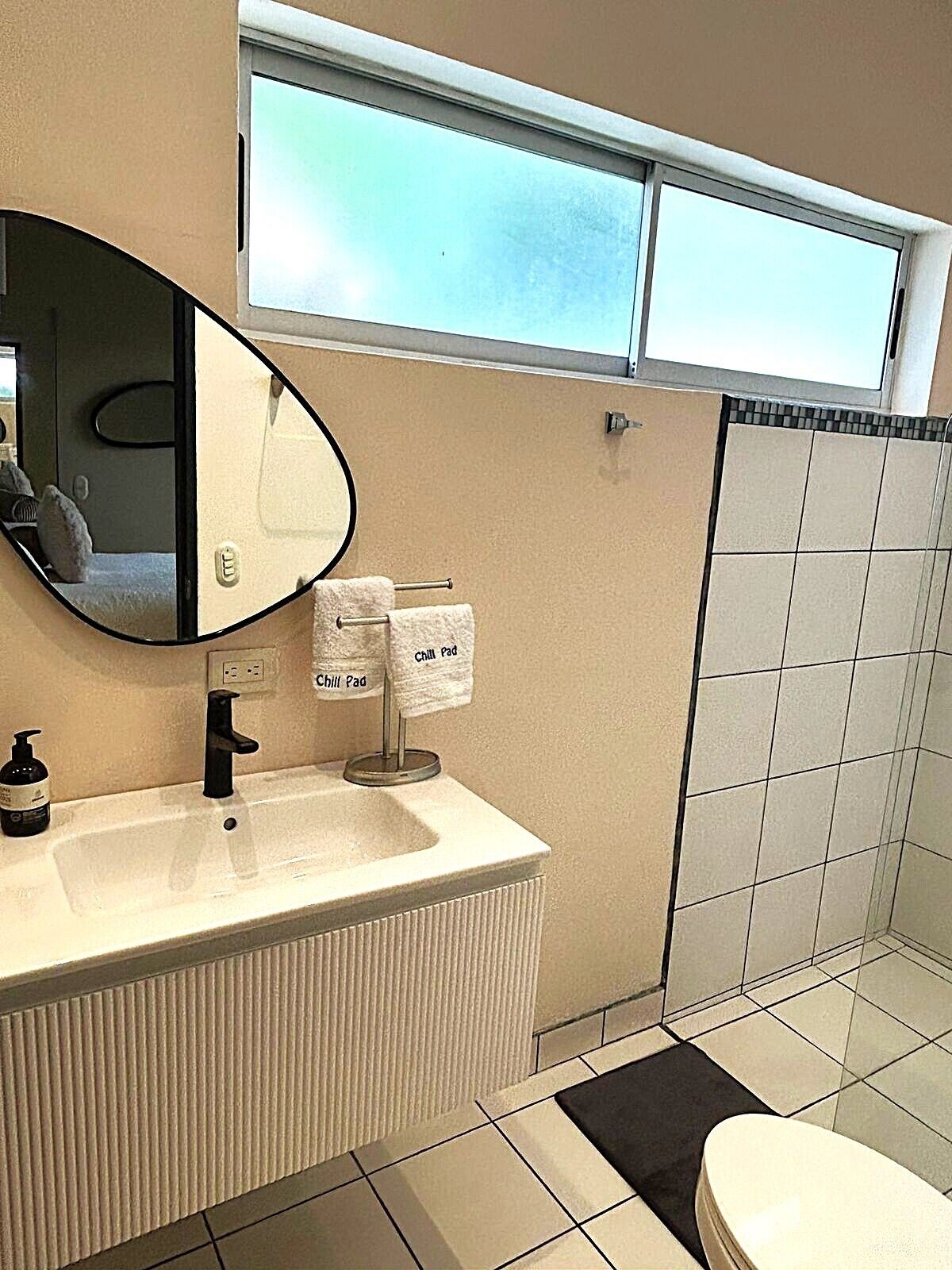 Hair dryer, towels, soap, toilet paper