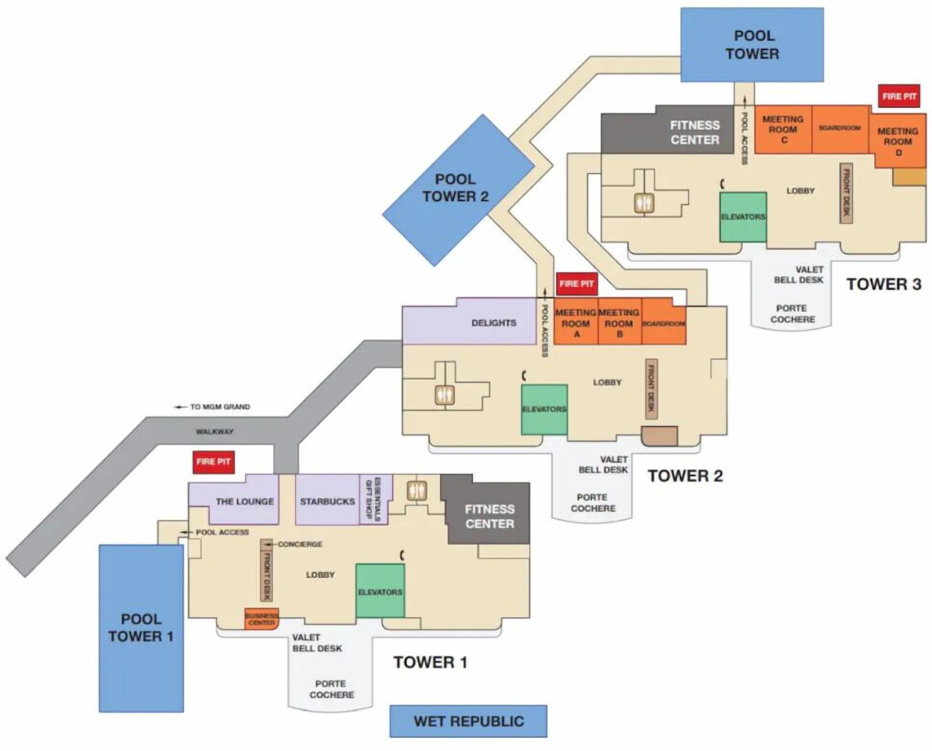 Plànol d'un hotel amb tres torres, cadascuna amb serveis com a centres de fitness, sales de reunions i ascensors.