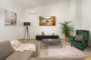 Ein Wohnzimmer mit Sofa, Couchtisch, Fernseher und Dekorationselementen.