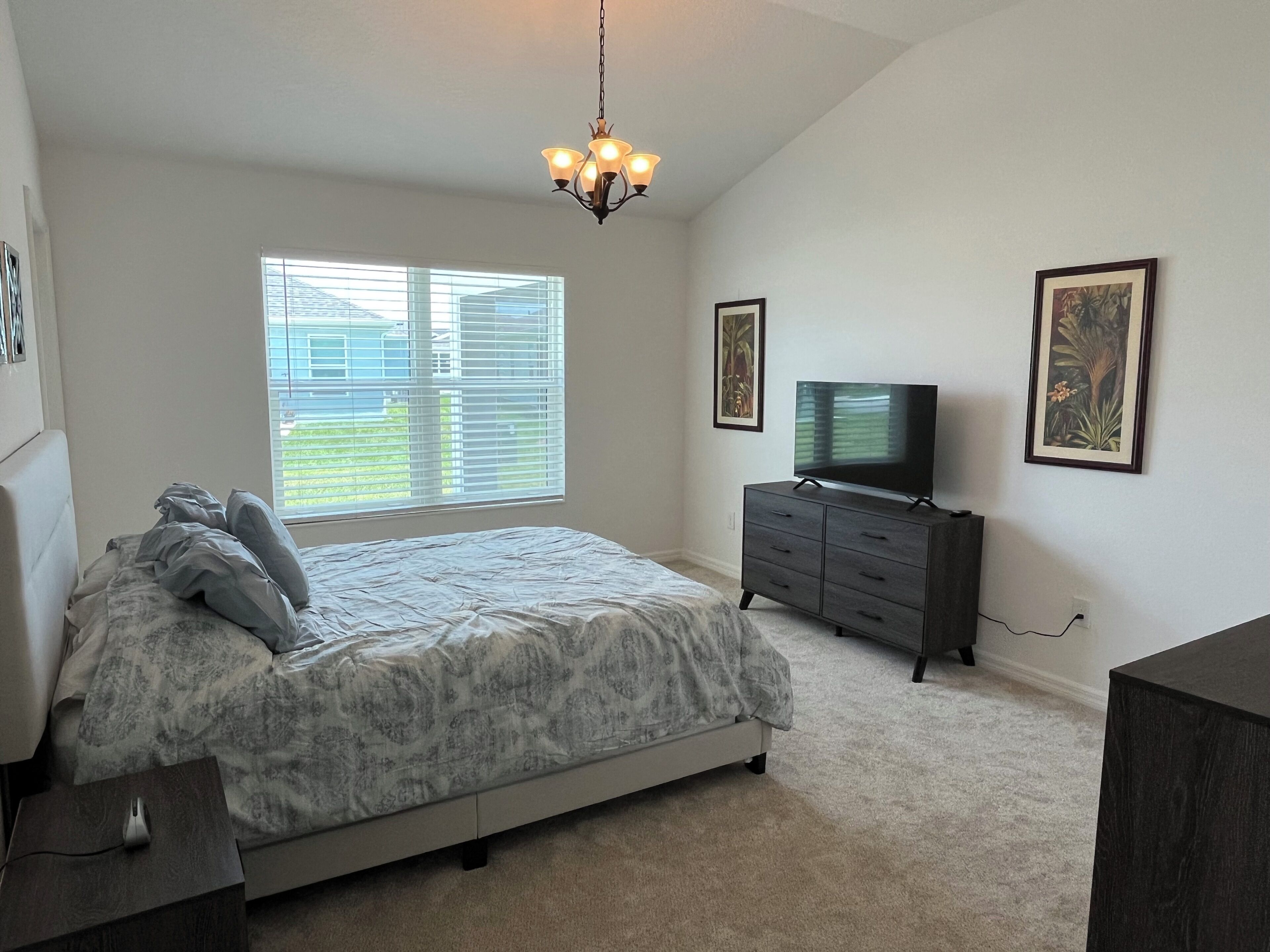 A bedroom with a bed, dresser, television, and artwork on the walls.