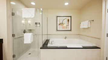 Shower, jetted tub, hair dryer, towels