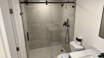 Hair dryer, towels, soap, shampoo