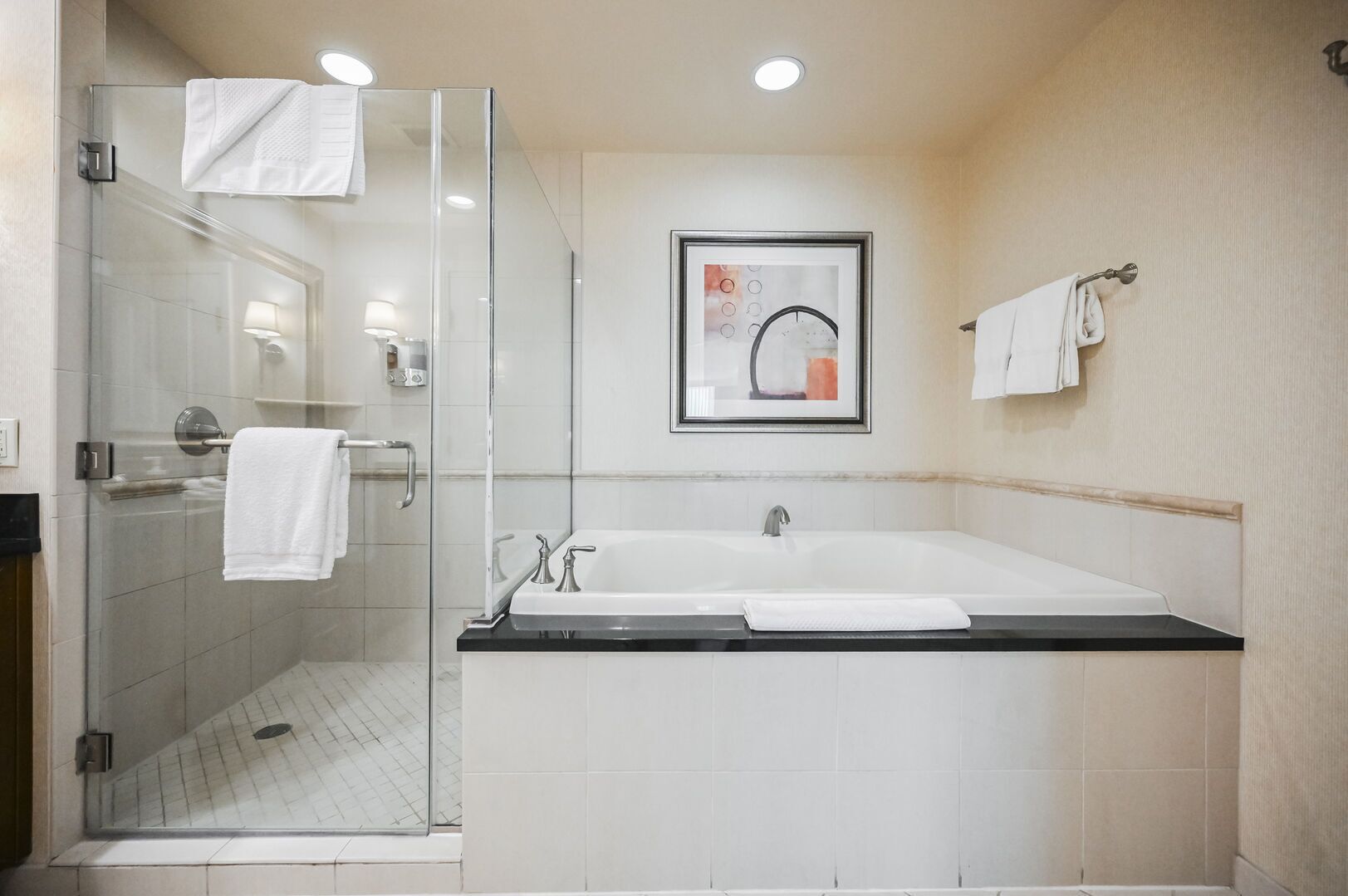 Shower, jetted tub, hair dryer, towels