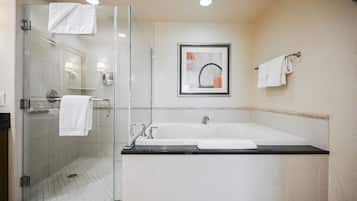 Shower, jetted tub, hair dryer, towels