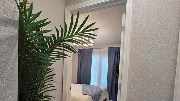 A hallway leading to a bedroom with a bed, a large plant, and a patterned rug.