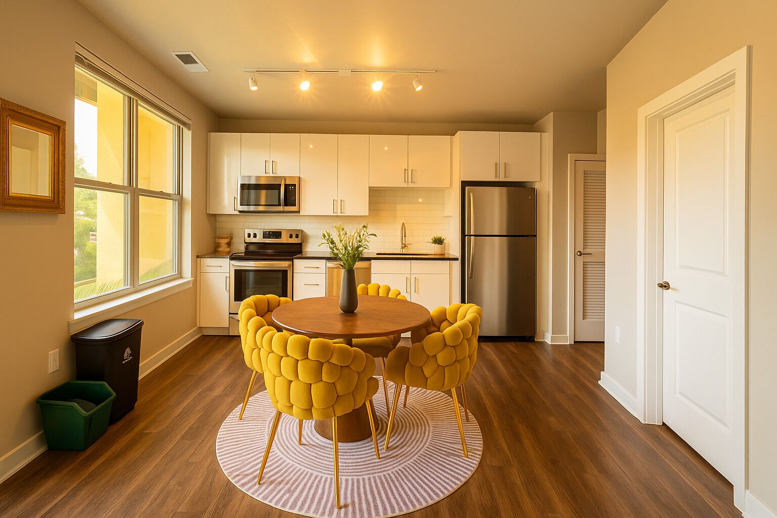 A modern kitchen with white cabinets, stainless steel appliances, and a yellow dining set.
