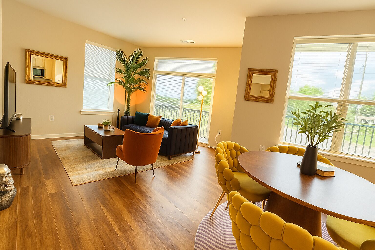 Una sala de estar moderna con un sofá, sillones, una mesa baja y una mesa de comedor.