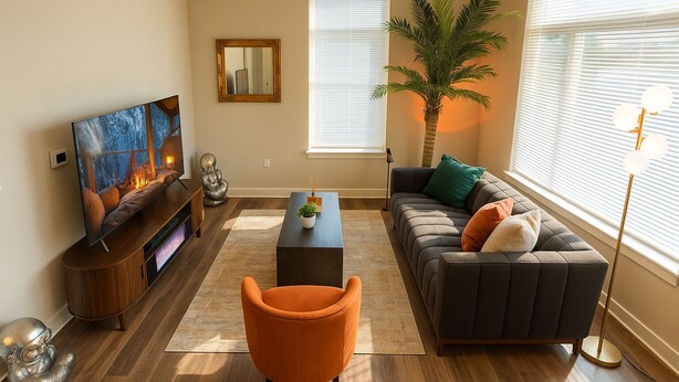 Uma sala de estar moderna com televisão de tela plana, sofá, mesa de centro e abajur.