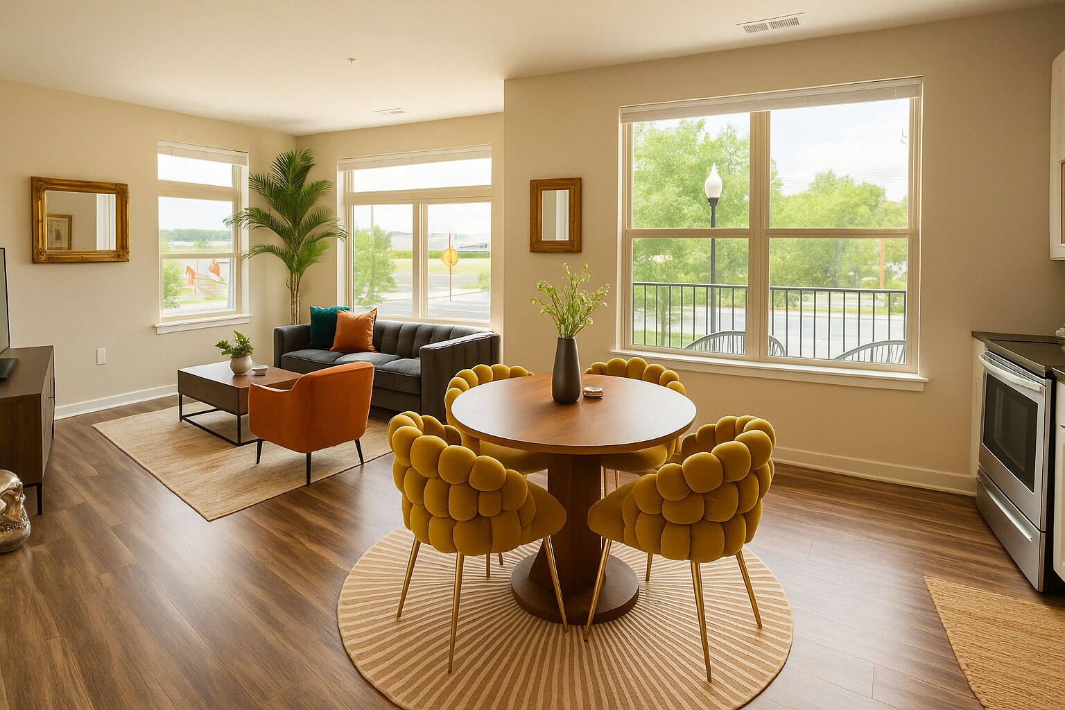 Ein modernes Wohnzimmer mit einem runden Esstisch, gelben Stühlen, einer Couch und einem großen Fenster mit Blick.