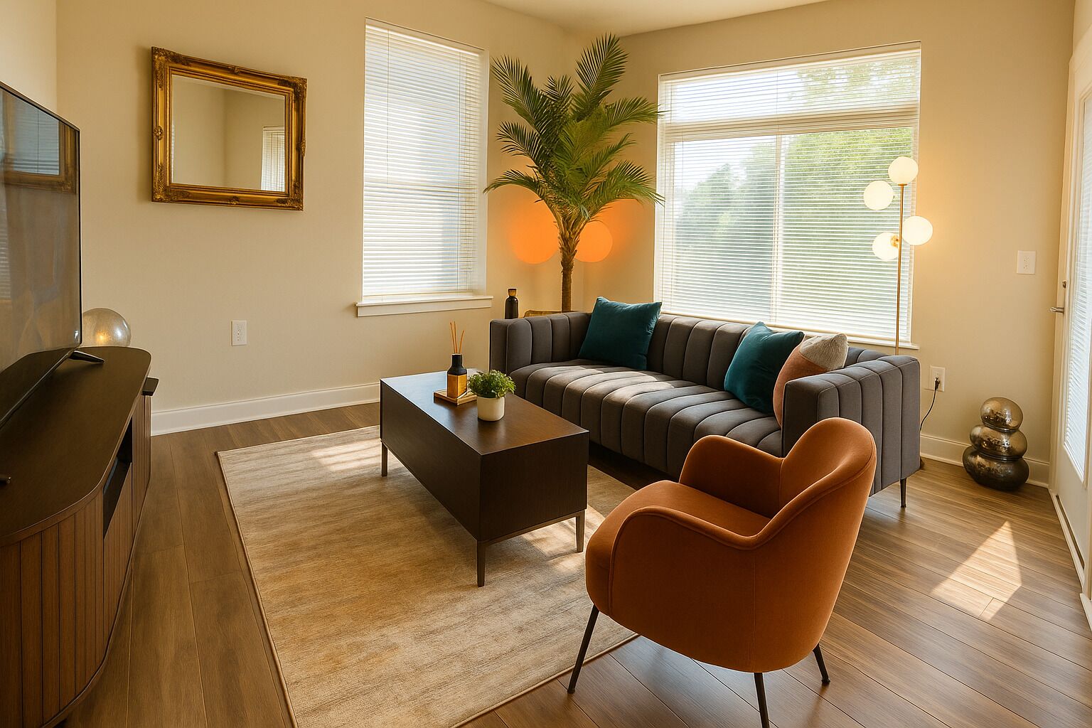A living room with a sofa, a coffee table, a TV stand, and a potted plant.