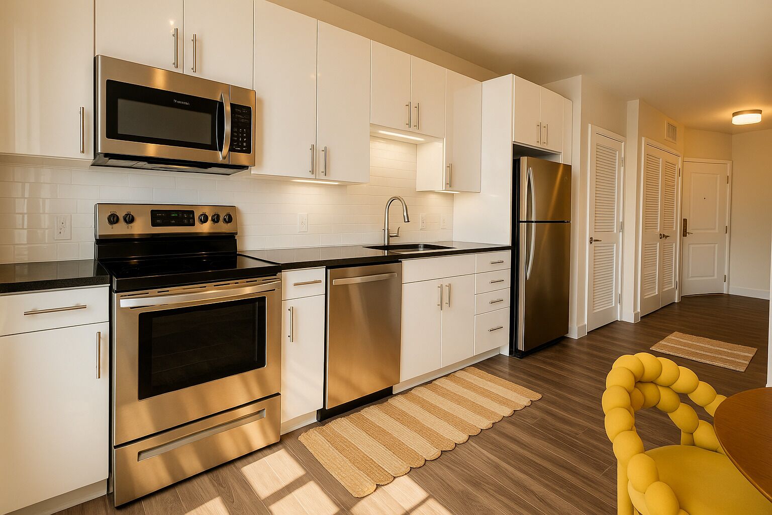 Una cocina moderna con electrodomésticos de acero inoxidable, armarios blancos y una silla amarilla.