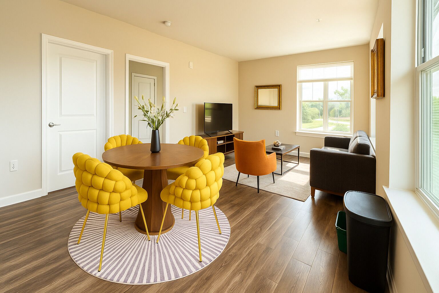 A modern living room with a round wooden table, yellow chairs, a sofa, and a television.
