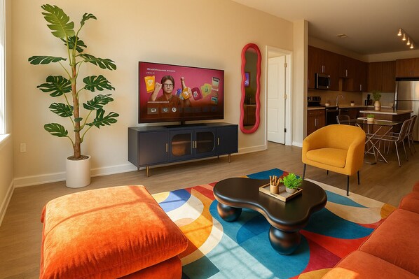 A living room with a flat-screen TV, a potted plant, a sofa, a coffee table, and a kitchen in the background.