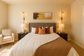 A bedroom with a large bed, two bedside tables with lamps, a chair, and a painting on the wall.