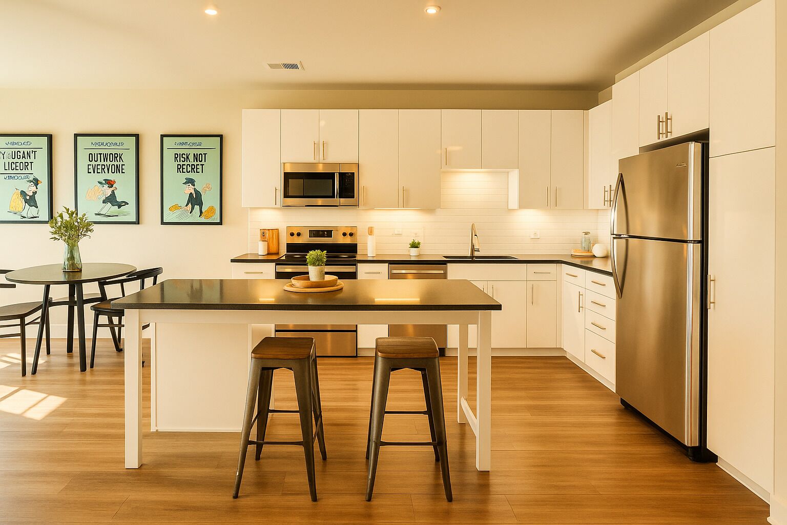 Fridge, microwave, oven, dishwasher